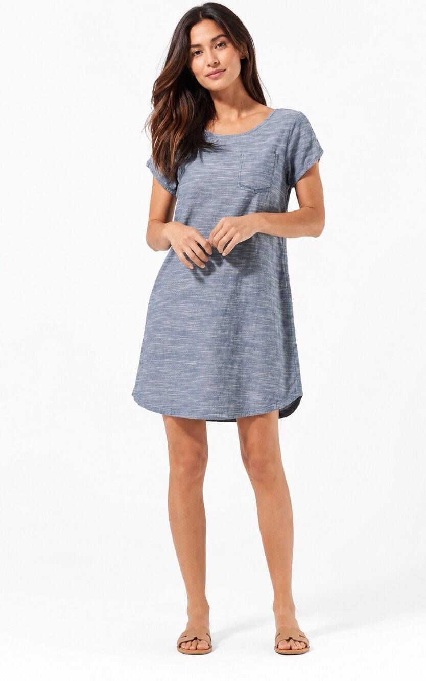 PACT Organic Cotton Shift Dress Blue Slub Short Sleeve Pocket Dress Medium